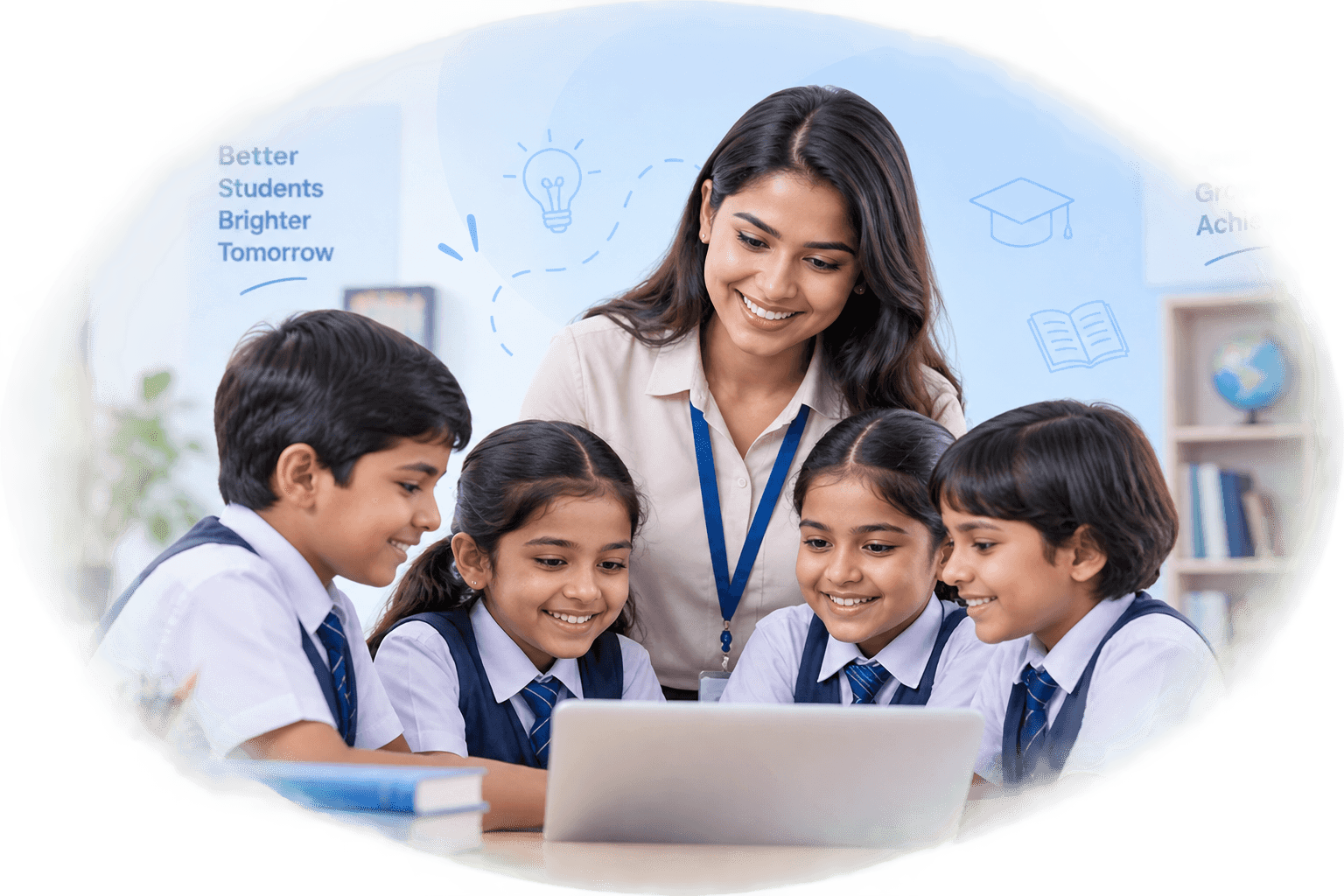 Teacher helping students use digital learning technology