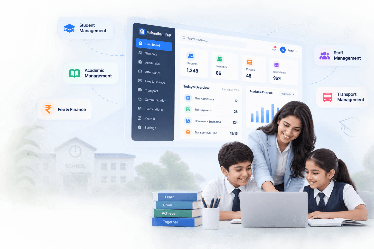 Mahantham School ERP modules dashboard with teacher and students