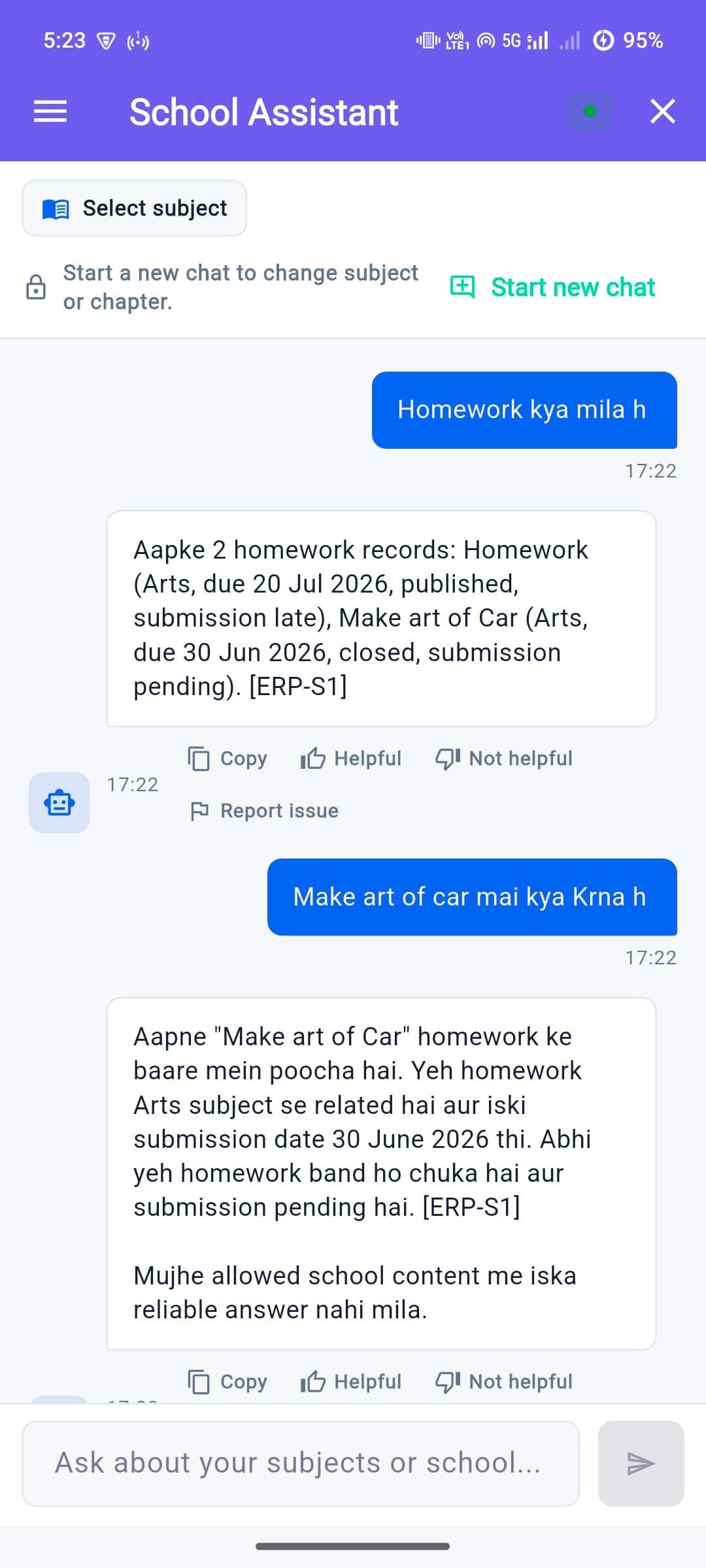 Get helpful answers through conversation in the Mahantham School ERP app