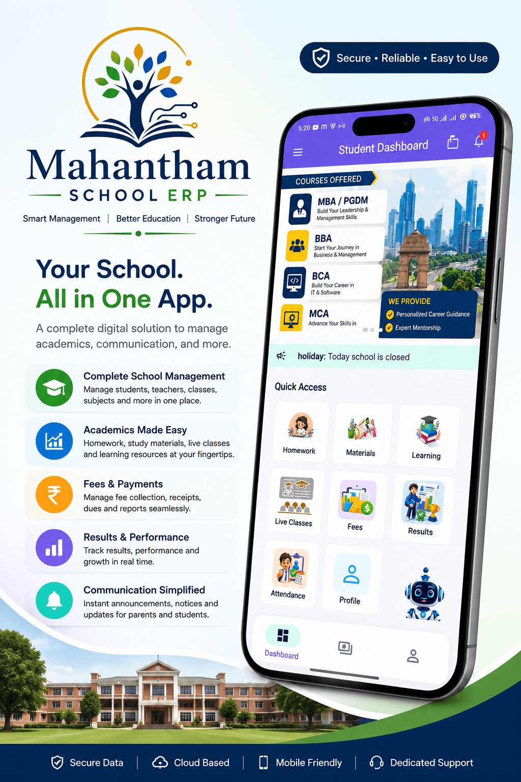 Your complete school day in one app in the Mahantham School ERP app