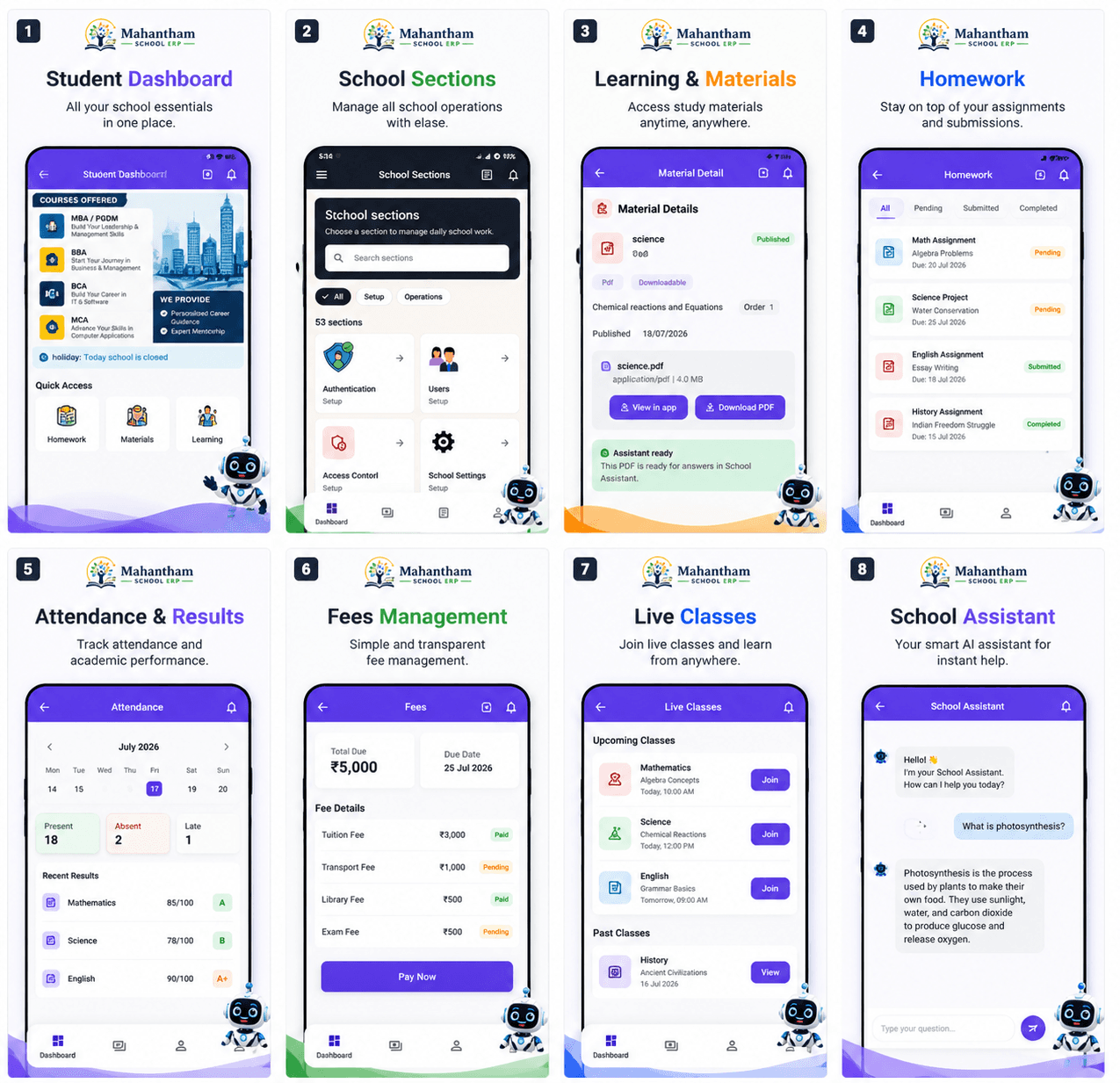 Purpose-built experiences for every school role in the Mahantham School ERP app
